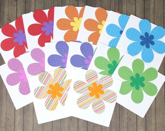 Flower Note Cards - Set of 14 - Assorted Colourful Flowers, Rainbow - 4x4" - Cute Snail Mail Card Set, Gift or Order Enclosures