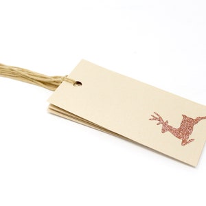 Sparkly Reindeer Gift Tags Set van 6 Zacht goud metallic tag met bronzen glitter rendier vakantie verpakking benodigdheden met touw afbeelding 1