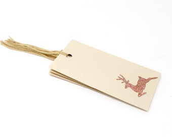 Sparkly Reindeer Gift Tags - Set of 6 - Soft Gold Metallic Tag with Bronze Glitter Reindeer - Holiday Wrapping Supplies - With String