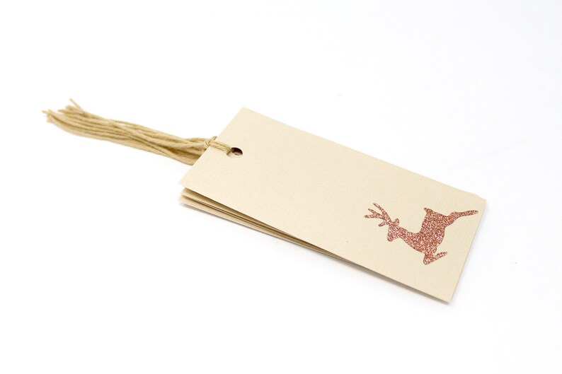 Sparkly Reindeer Gift Tags Set van 6 Zacht goud metallic tag met bronzen glitter rendier vakantie verpakking benodigdheden met touw afbeelding 1