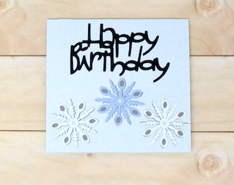 Winter Birthday Snowflake Card - Pale Blue Textured Card Stock - Three Snowflakes - Iridescent Centres - Winter Birthday - 5 1/2" x 5 1/2"