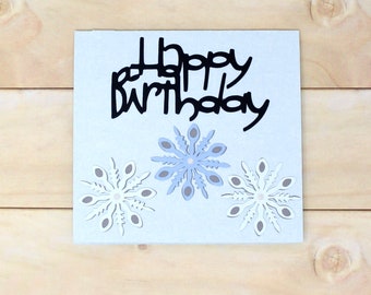 Winter Birthday Snowflake Card - Pale Blue Textured Card Stock - Three Snowflakes - Iridescent Centres - Winter Birthday - 5 1/2" x 5 1/2"
