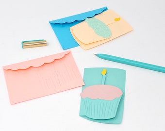 Cupcake Note Cards - Set of 6 - Peach and Aqua Small Card Set - 2 3/4" x 4 1/2" - Cupcakes - Cute Stationery - Velcro Envelope Flap