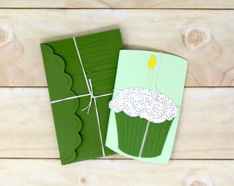 Cupcake Note Cards - Set of 6 - Olive, Mint Green Small Card Set - 2 3/4" x 4 1/4" - Fancy Cupcakes - Cute Stationery - Velcro Envelope Flap