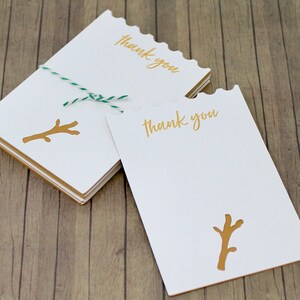 May include: A stack of white thank you cards with a gold foil design of a branch. The cards have scalloped edges and are tied together with a green and white twine.