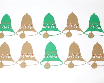 Christmas Bell Embellishments - Set of 10 - DIY Christmas Craft Supply, Kraft Brown and Green Bell Cut-Outs - Red Berries - Holiday Crafting