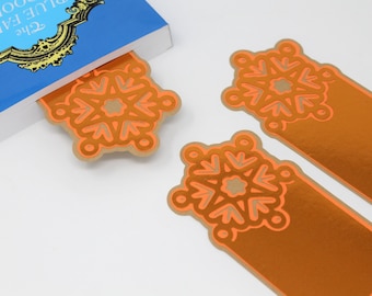 Orange and Copper Snowflake Bookmarks - Set of 3 - Gift for Reader, Bookish Gift, Handmade - Embossed Design, 5 1/2" Tall - Stocking Stuffer