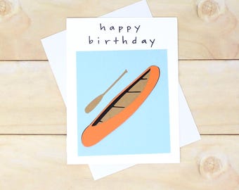 Orange Canoe with Paddle Birthday Card - Summer Sports Card - Blue Background - White Envelope, 4 x 5 1/2", Card for Canoe Enthusiast