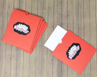 Open Pocket Envelopes - Set of 6 - Brick Red - 4" x 4 1/2" - Merry Christmas - With White Inserts - For Customers, Order Packaging, etc.