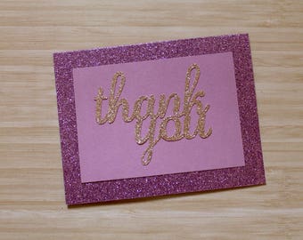 Thank You Card - Blank Card - Purple Glitter Border, Gold Glitter Letters - Sparkly Card - Envelope Included