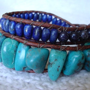 Handmade Turquoise & Lapis Lazuli Leather Wrap Bracelet