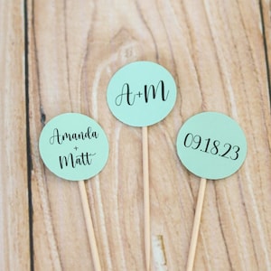 Personalized Dot Cupcake Toppers: Mint Calligraphy, Initials & Date