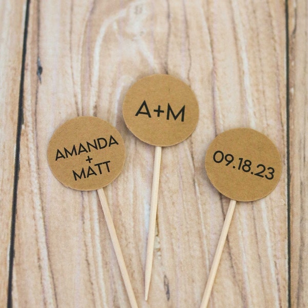 Pick Your Paper Colors! Personalized Dot Kraft Toppers - Capital Names, Initials & Date, Rustic Circle Bridal Baby Shower Cupcake