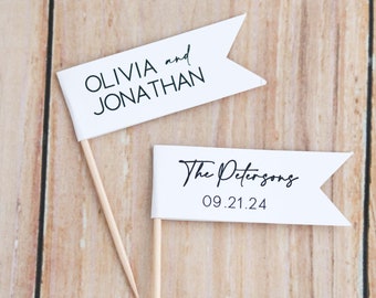 Custom Modern Flags - Modern Minimalistic Personalized Cupcake Flags with Names and Wedding Engagement Event Date, Simple White Black Style