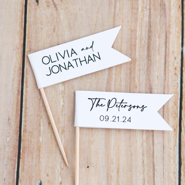 Custom Modern Flags - Modern Minimalistic Personalized Cupcake Flags with Names and Wedding Engagement Event Date, Simple White Black Style