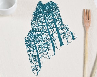 State of Maine Tea Towel  Organic Cotton  Green Forest Dishcloth  Pine Tree Design  Kitchen