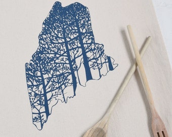 Maine Organic Cotton Tea Towel  Hand Screen Printed Pine Tree State  Navy Blue Print