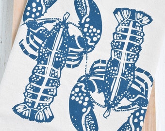 Blue Lobster Tea Towel  Organic Cotton  Nautical Decor Dishcloth  Lobsters Kitchen Cloth