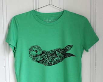 Mens T Shirt - Organic - Otter Tee - Tri-Blend - Hand Screen Print - Men's T-Shirts - Graphic T-shirt - Green - Dad Gift - Graphic Tee