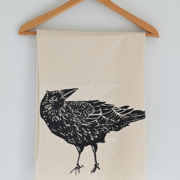 Crow Tea Towel - Organic Cotton - Flour Sack Towel - Screen Printed - Unpaper Towel - Kitchen Towels - Black Raven - Farmhouse Kitchen Decor