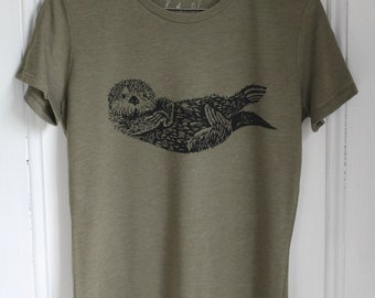 Otter Tee: Hand Screen Print, Organic Tri-Blend Olive Green T-Shirt