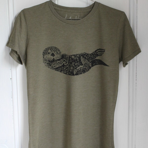 Otter Tee: Hand Screen Print, Organic Tri-Blend Olive Green T-Shirt
