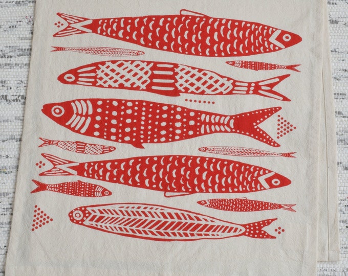 Tea Towel - Organic Cotton - Sardines Design - Screen Printed - Unpaper Towel - Eco Friendly Kitchen Towels - Flour Sack Towel - Red Print