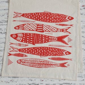 Tea Towel - Organic Cotton - Sardines Design - Screen Printed - Unpaper Towel - Eco Friendly Kitchen Towels - Flour Sack Towel - Red Print