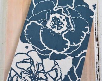 Organic Cotton Tea Towel - Peony Blossom - Navy Blue - Flour Sack Kitchen towel - Eco Friendly - Abstract Botanical - Large Floral