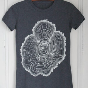 May include: A dark gray t-shirt with a white tree ring design printed on the front.