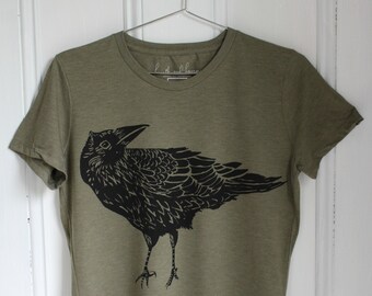 Olive Green Crow T-Shirt: Organic Tri-Blend Raven Print