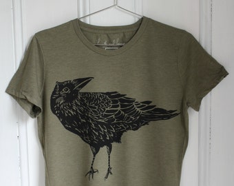 Mens T Shirt - Organic - Crow Tee - Tri-Blend - Hand Screen Print - Men's T-Shirts - Graphic T-shirt - Green - Slow Fashion - Eco Fashion