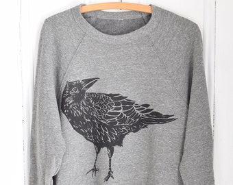 Crow Sweatshirt - Crewneck Sponge Fleece - Unisex Adult Sweatshirt - Bird Print - Pullover - Raven Sweatshirt - Fleece - Heathered Grey