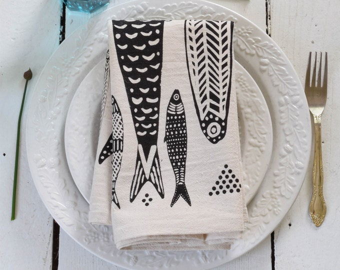 Tea Towel - Organic Cotton - Sardines Design - Screen Printed - Unpaper Towel - Eco Friendly Kitchen Towels - Flour Sack Towel - Black Print