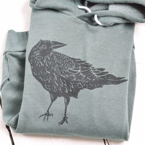 Crow Hoodie - Unisex Adult Sweatshirt - Dark Green with Black Print - Animal Print - Pullover - Kangaroo Pockets - Fleece - Raven Hoodie