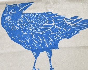 Blue Crow Tea Towel  100% Organic Cotton  Raven Dishcloth  Bird Print Kitchen Decor