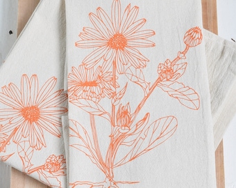 Calendula Flower Cloth Napkins - Organic Cotton - Set of 4 - Handmade - Eco - Screen Printed - Tablescape - Tabletop Decor - Orange Flower