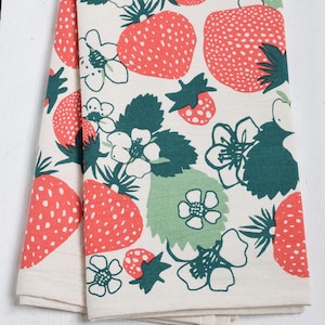 Strawberry Patch Tea Towel  100% Organic Cotton  Strawberries Print Dishcloth  Summer Fruit Kitchen Decor
