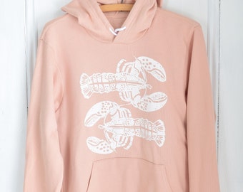 Lobster Hoodie - Unisex Adult Sweatshirt - Animal Print - Pullover Hoodie - Kangaroo Pockets - Fleece - Nautical Print - Pink - Maine