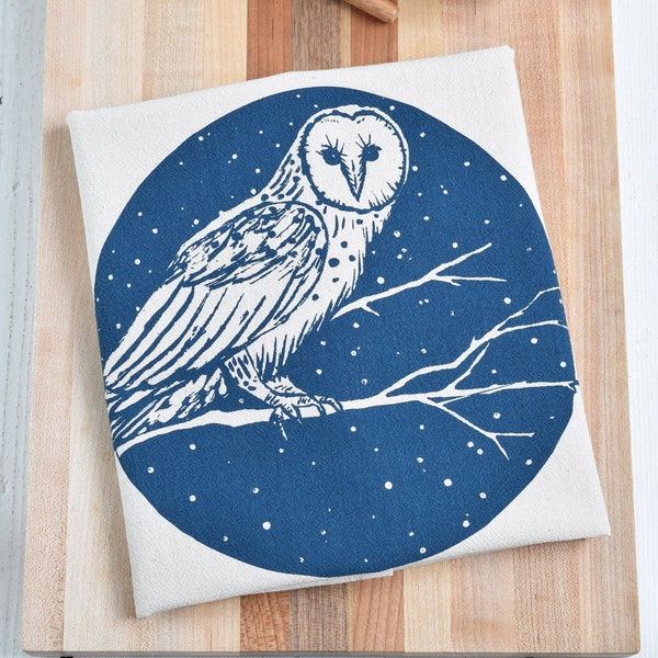 Barn Owl Tea Towel - Organic Cotton - Bird Print - Screen Printed - Unpaper Towel - Eco Friendly Kitchen Towels - Flour Sack Towel - Owls