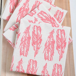 Block Feather Print Napkins - Set of 4 - Organic Cotton - Coral Pink Print - Tablescape - Cloth Napkins  - Eco Friendly - Tabletop Decor