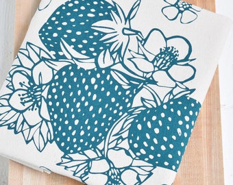 Tea Towel - Organic Cotton - Strawberry Print - Screen Printed - Unpaper Towel - Flour Sack Towel - Eco Friendly Kitchen - Strawberries