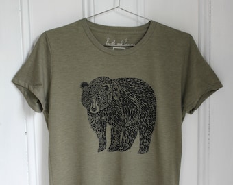 Organic Tri-Blend Bear Tee: Hand Screen Printed Women's T-Shirt