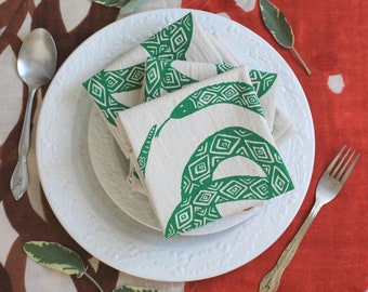 Snake Napkins  Set of 4   100% Organic Cotton  Green Ouroboros Print  Animal Kitchen