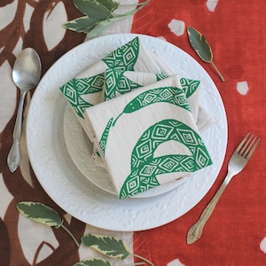 Snake Napkins  Set of 4   100% Organic Cotton  Green Ouroboros Print  Animal Kitchen