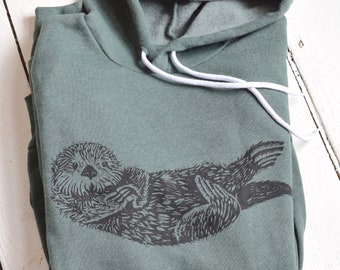 Otter Hoodie - Unisex Adult Sweatshirt - Animal Print - Pullover Hoodie - Kangaroo Pockets - Fleece - Dark Green Hoodie - Cute Sea Otter