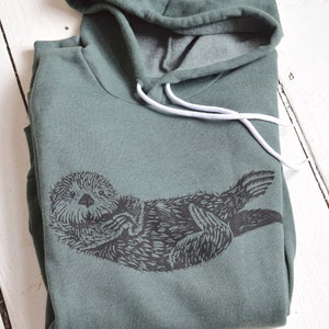 Otter Hoodie - Unisex Adult Sweatshirt - Animal Print - Pullover Hoodie - Kangaroo Pockets - Fleece - Dark Green Hoodie - Cute Sea Otter