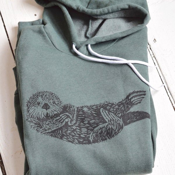 Otter Hoodie - Unisex Adult Sweatshirt - Animal Print - Pullover Hoodie - Kangaroo Pockets - Fleece - Dark Green Hoodie - Cute Sea Otter