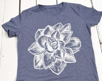 Womens Succulent T Shirt - Organic - Plant Print Tee - Tri-Blend - Print - Women's T-Shirts - Crewneck - Soft - Succulents - Linocut - Plant