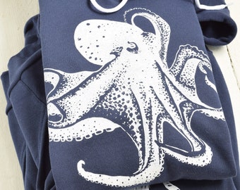 Octopus Print Hoodie: Unisex Fleece Pullover - Navy Blue